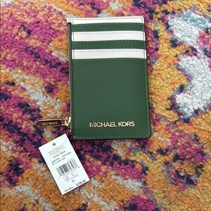 Michael Kors Olive Card Holder with White Stripes